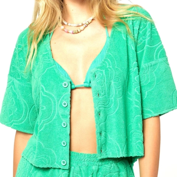 Moving Must Go! O'Neill Women's Cabana Tile Terry Cloth Top Kelly Green M - Picture 1 of 8